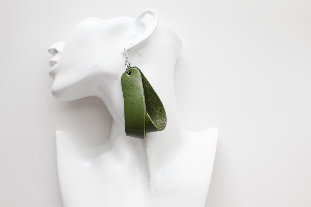 The Carla Large Leather Earrings - Olive Green
