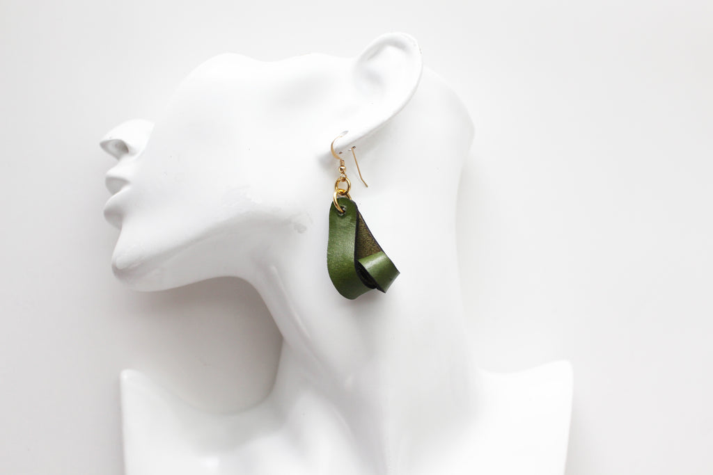 The Carla Small Leather Earrings - Olive Green