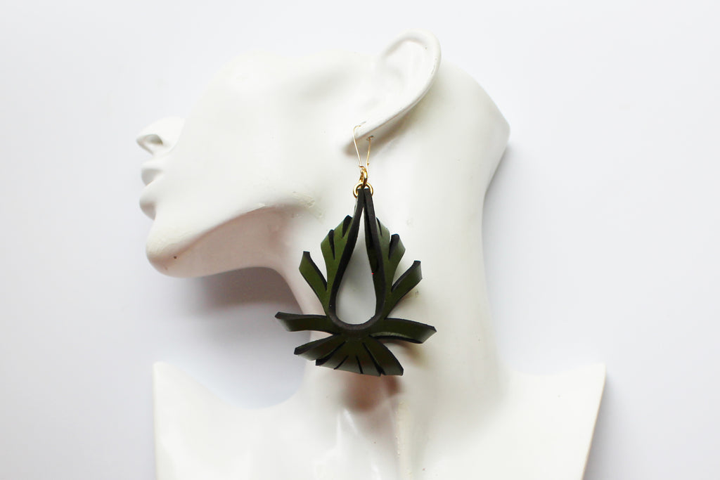 Ava Large Leather Earrings - Olive Green