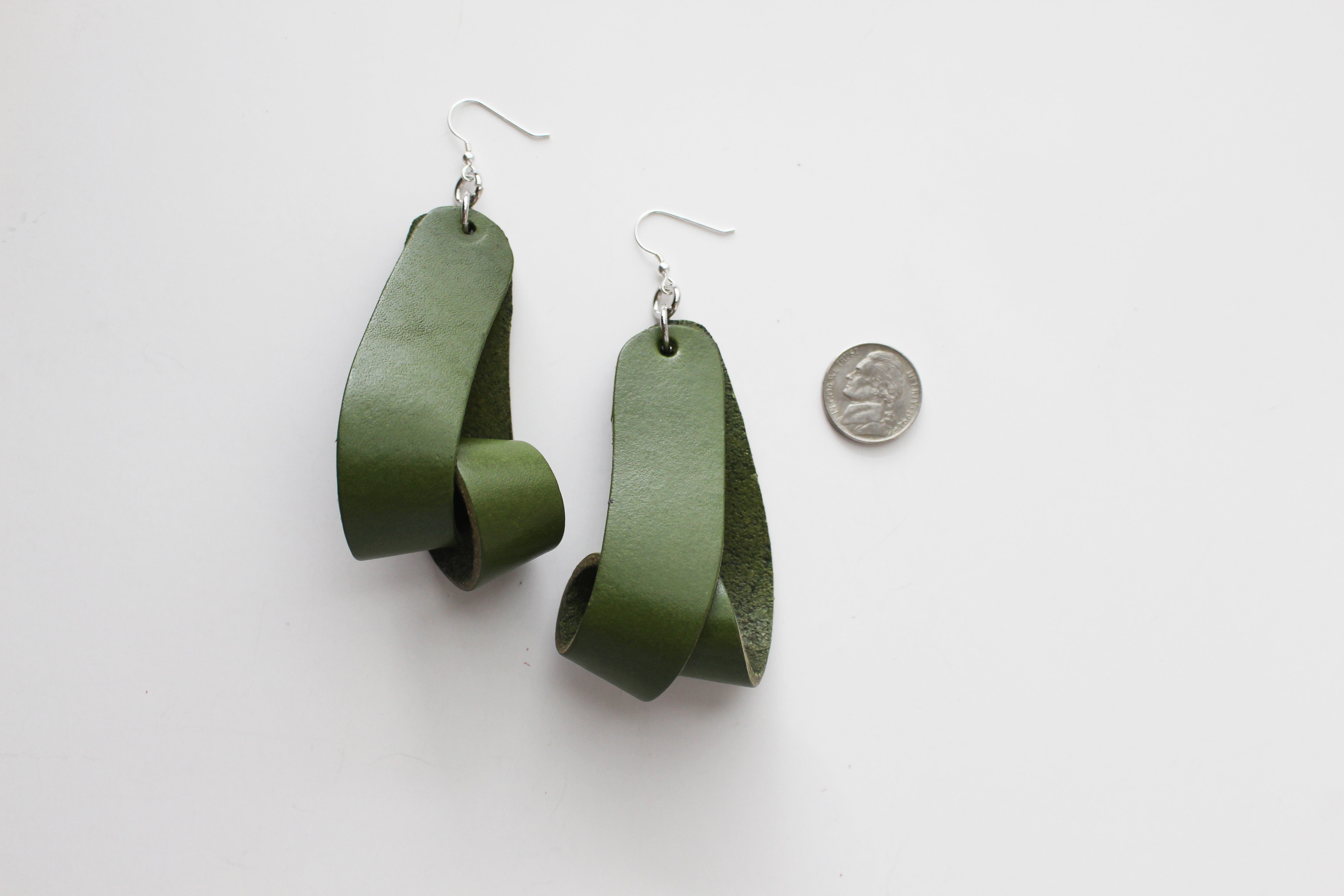The Carla Large Leather Earrings - Olive Green