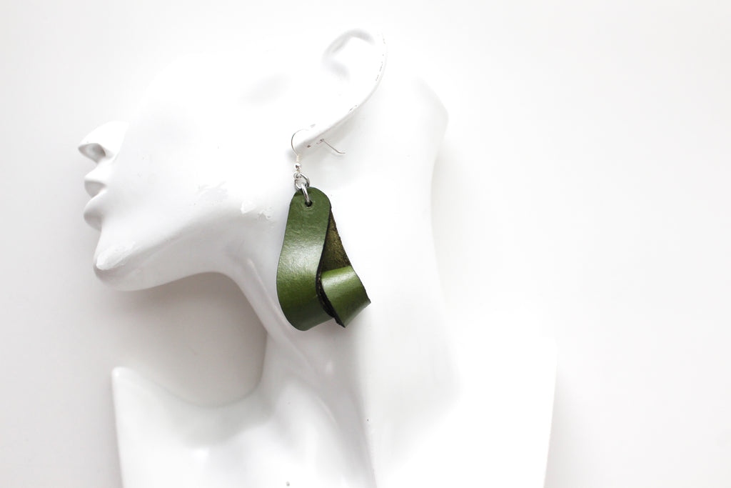 The Carla Medium Leather Earrings - Olive Green