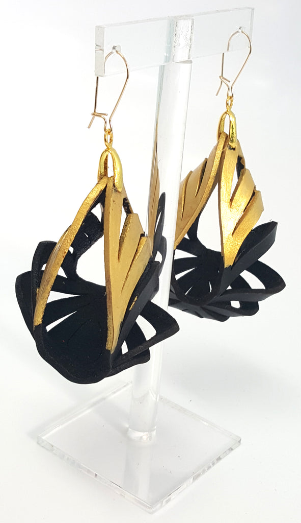 Ava Medium Leather Earrings - Black with Gold Tipping - Amber Poitier Inc.