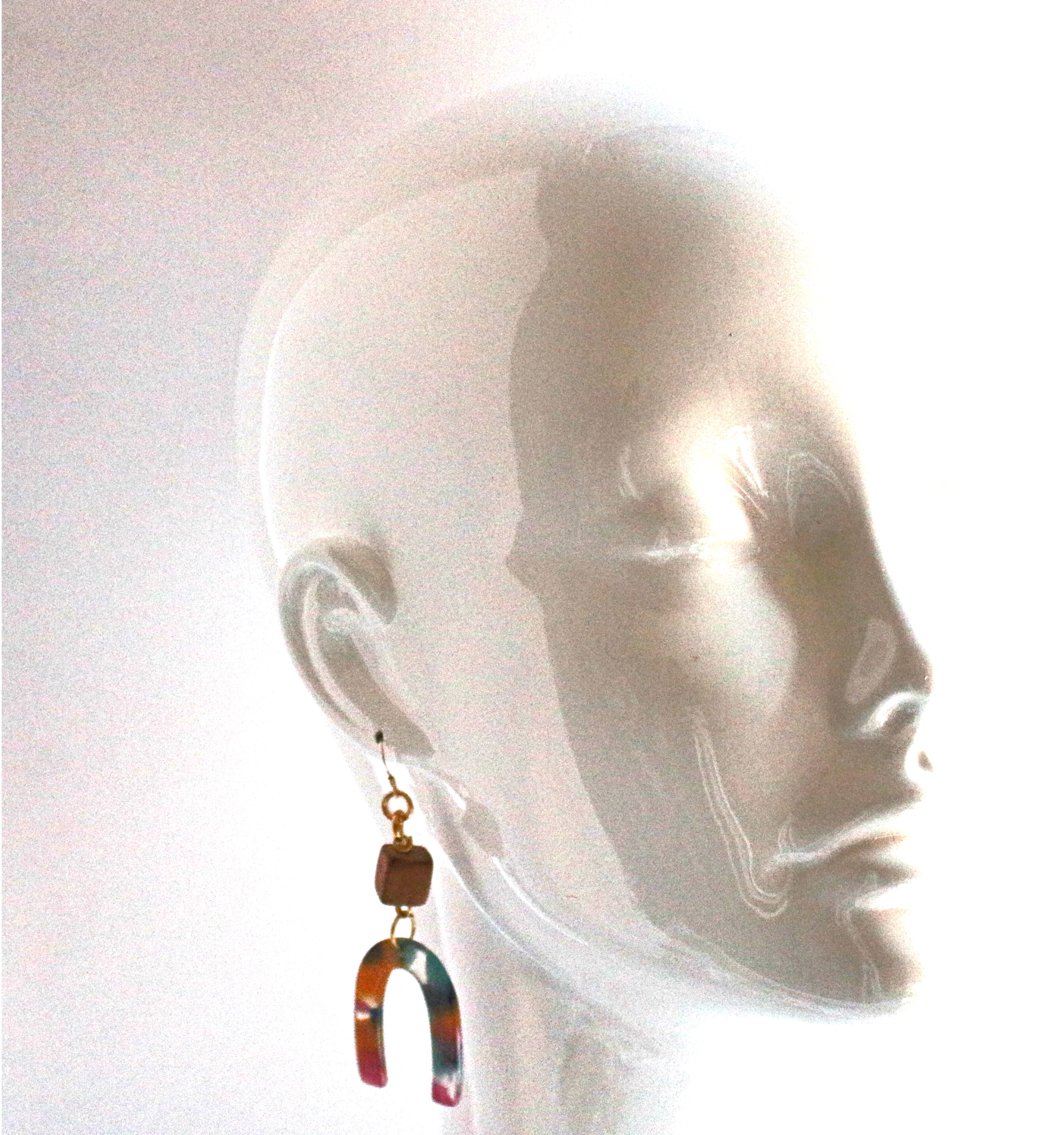 Nora Resin natural lightweight earrings with gold filled earring hooks. Materials are Resin and Wood